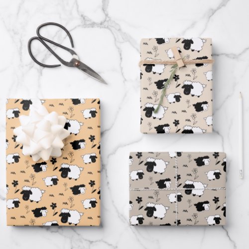 Black and White Cute Sheeps Illustration  Wrapping Paper Sheets