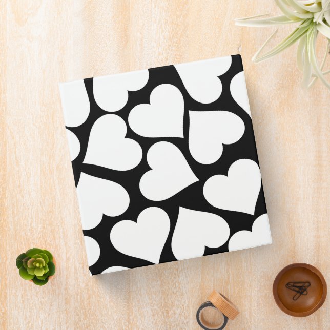 Black and White Cute Simple Heart Pattern 3 Ring Binder (In Situ)