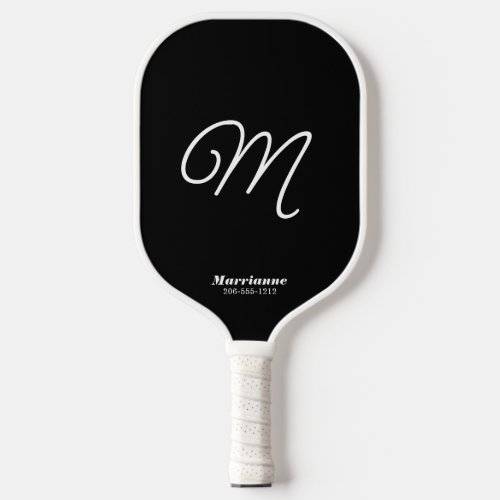 Black and White Cute Simple Script Initial Pickleball Paddle