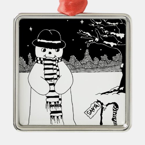 black and white cute smiling snowman metal ornament