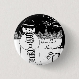 black and white cute snowman smiling for christmas button