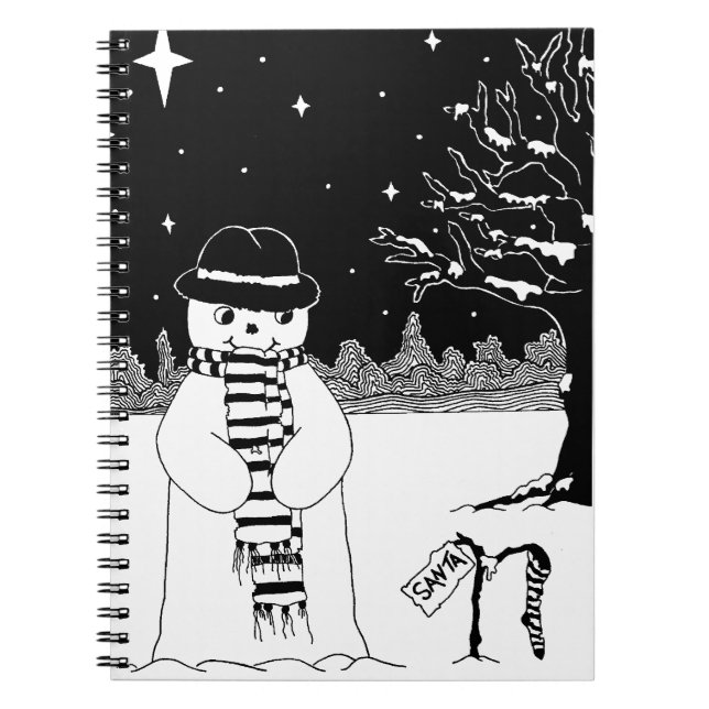 black and white cute snowman snow scene Christmas Notebook (Front)