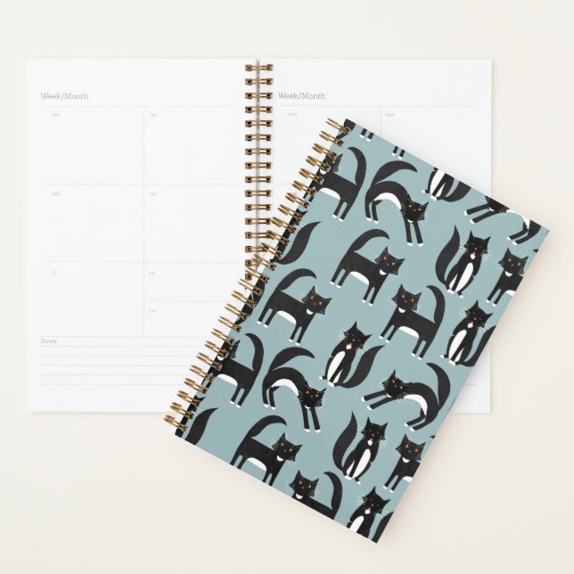 Black and White Cute Tuxedo Kitty Cats Pattern Planner (Display)