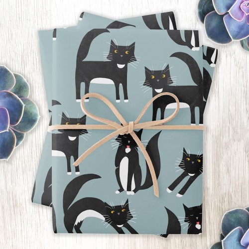 Black and White Cute Tuxedo Kitty Cats Pattern Wrapping Paper Sheets