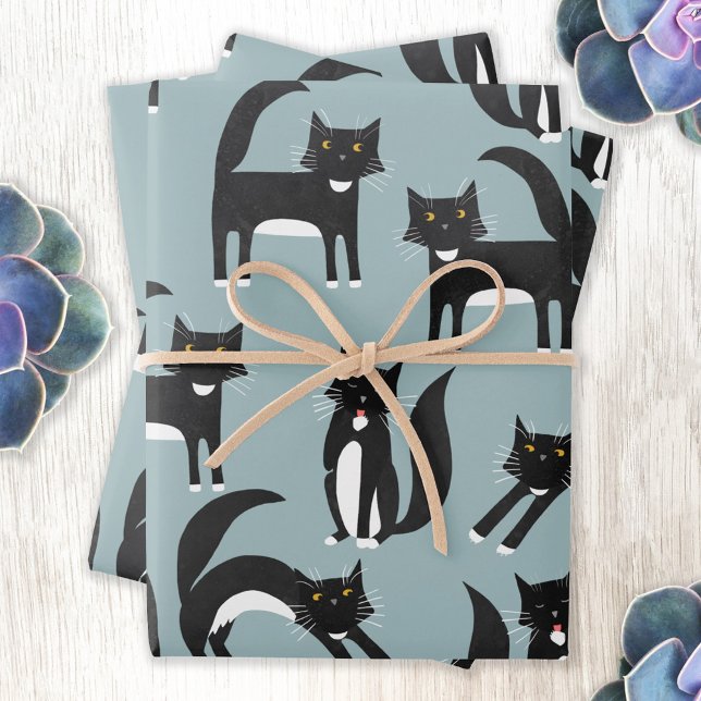 Black and White Cute Tuxedo Kitty Cats Pattern Wrapping Paper Sheets (Black and white tuxedo cat patterned gift wrap paper)