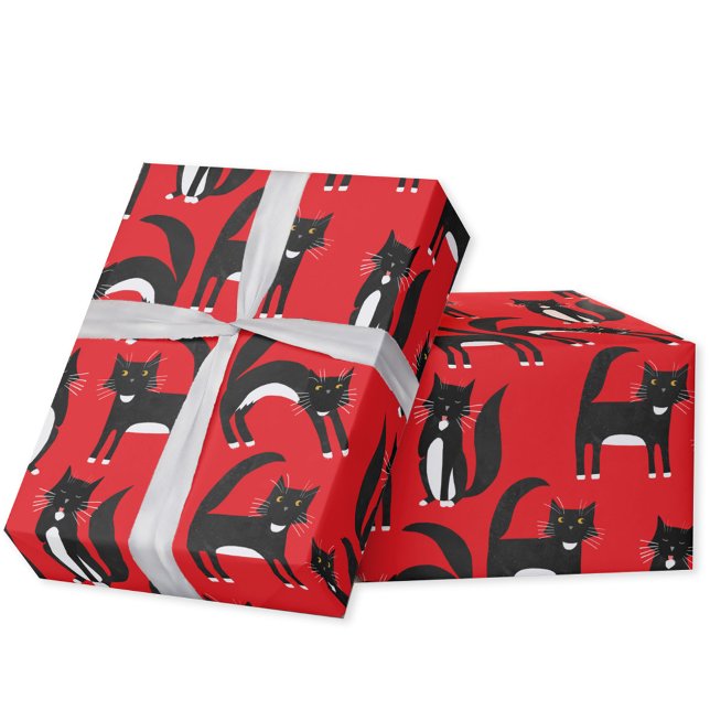 Black and White Cute Tuxedo Kitty Red Pattern Wrapping Paper (Black and white bicolor Tuxedo Cat pattern red gift wrapping paper roll)