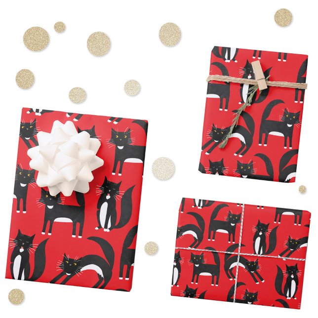 Black and White Cute Tuxedo Kitty Red Pattern Wrapping Paper Sheets (Black and white bicolor Tuxedo Cat pattern red gift wrapping paper sheets)