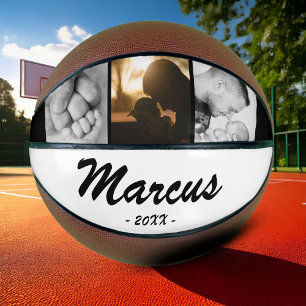 Black and White Dad Name Keepsake 3 Photo Collage Basketball