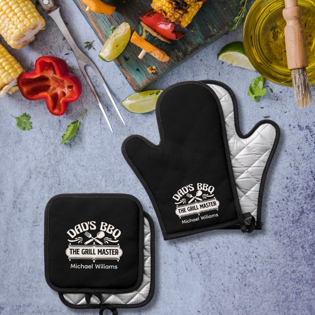 Black and White Dad Personalized BBQ Father  Oven Mitt & Pot Holder Set (Creator Uploaded)