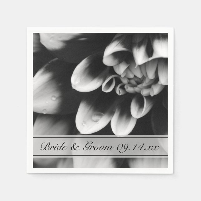Black and White Dahlia Flower Wedding Napkins (Front)