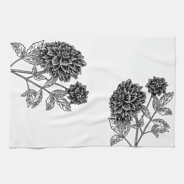 Black and White Dahlia Kitchen Towel (Horizontal)