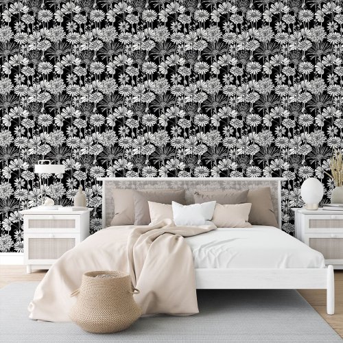 Black And White Daisies Floral Art Pattern Wallpaper