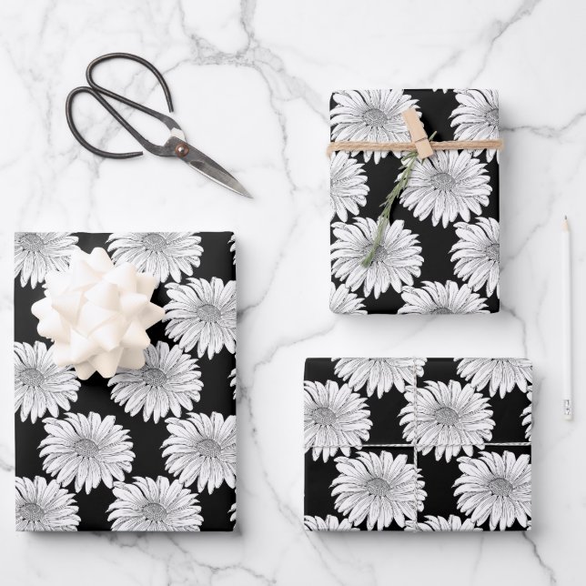 Black and White Daisies Wrapping Paper Sheets (Front)