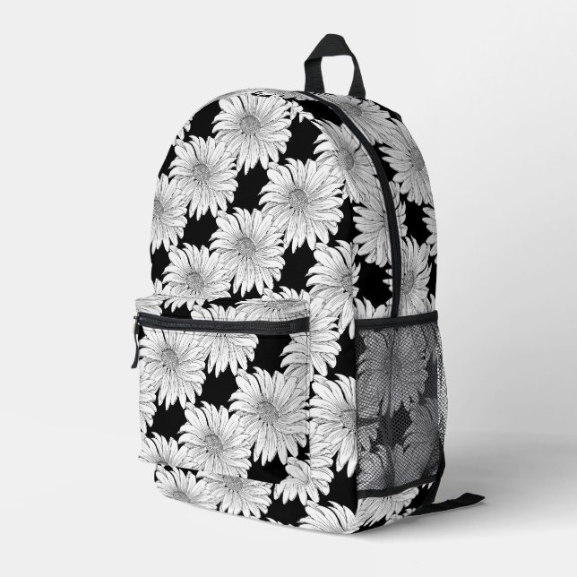 Black and White Daisy Floral Printed Backpack (Back Corner Right)