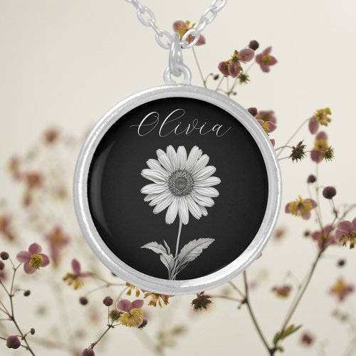 Black and White Daisy Flower Customizable Silver Plated Necklace