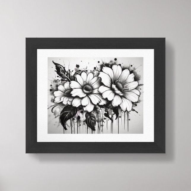 Black and White Daisy Flowers Inkblot Framed Art (Framed Front)