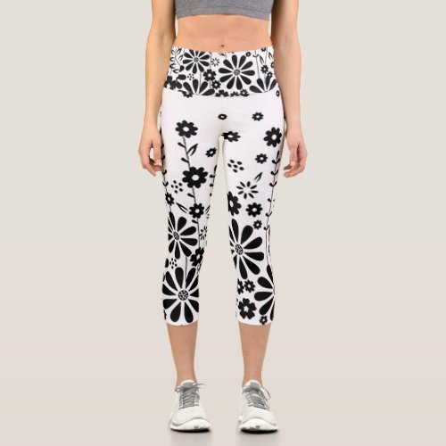 Black and White Daisy High Waisted Capri Leggings