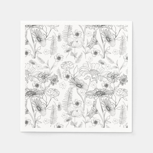 Black and white daisy rose flower foliage napkins (Front)