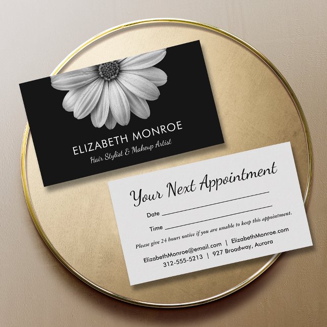Black and White Daisy Salon Hair Stylist Appointment Card (Creator Uploaded)