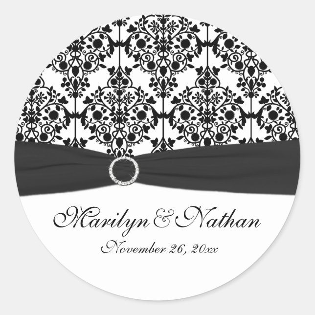 Black and White Damask 1.5" Round Sticker (Front)