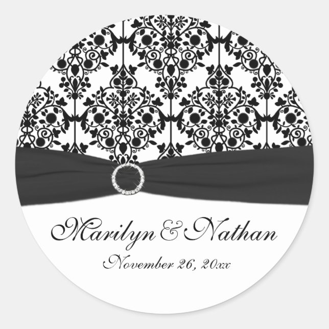 Black and White Damask 1.5" Round Sticker (Front)