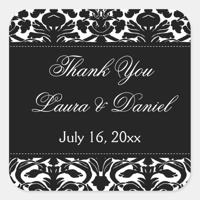 Black and White Damask 1.5" Thank You Sticker (Front)