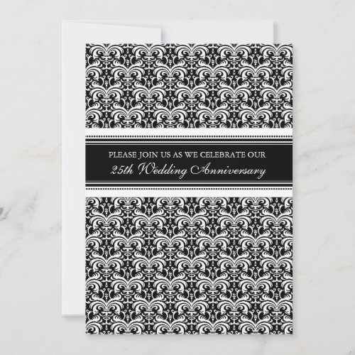 Black and White Damask 25th Anniversary Party Cards