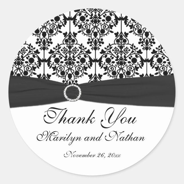 Black and White Damask 3" Round Sticker (Front)
