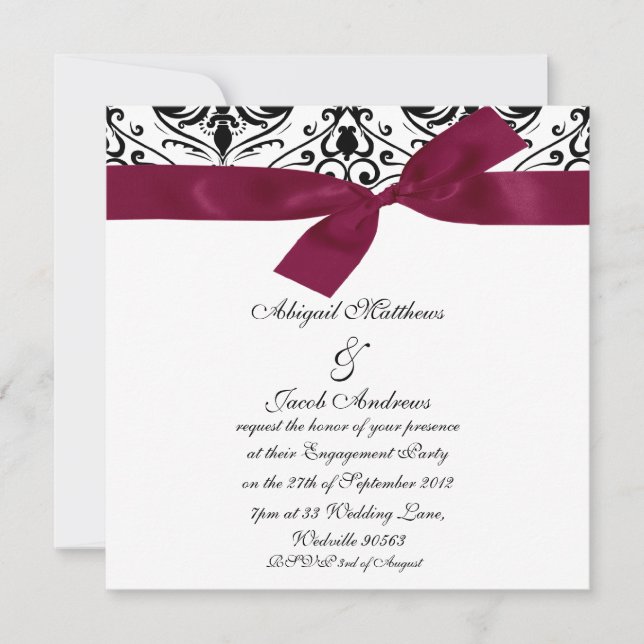 Black And White Damask And Burgundy Ribbon Invitation (Front)