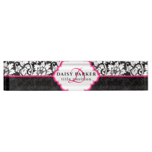Black And White Damask And Pink Frame Desk Name Plate