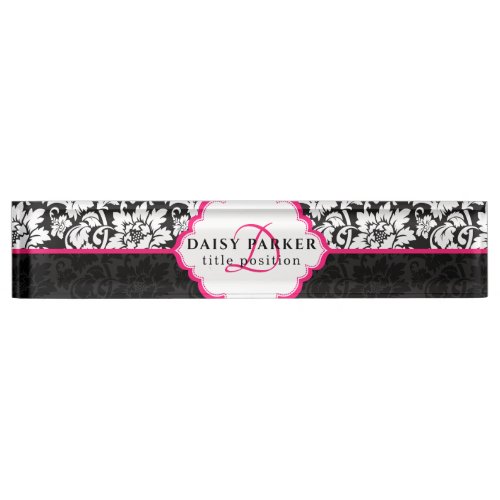 Black And White Damask And Pink Frame Desk Name Plate