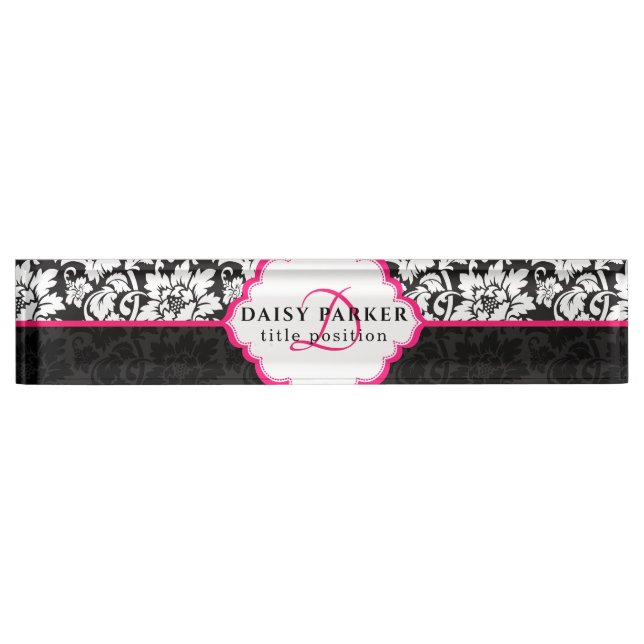 Black And White Damask And Pink Frame Desk Name Plate (Front)