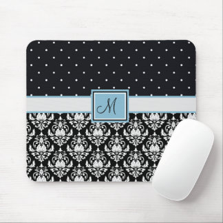 Black and White Damask and Polka Dots Monogrammed Mouse Pad