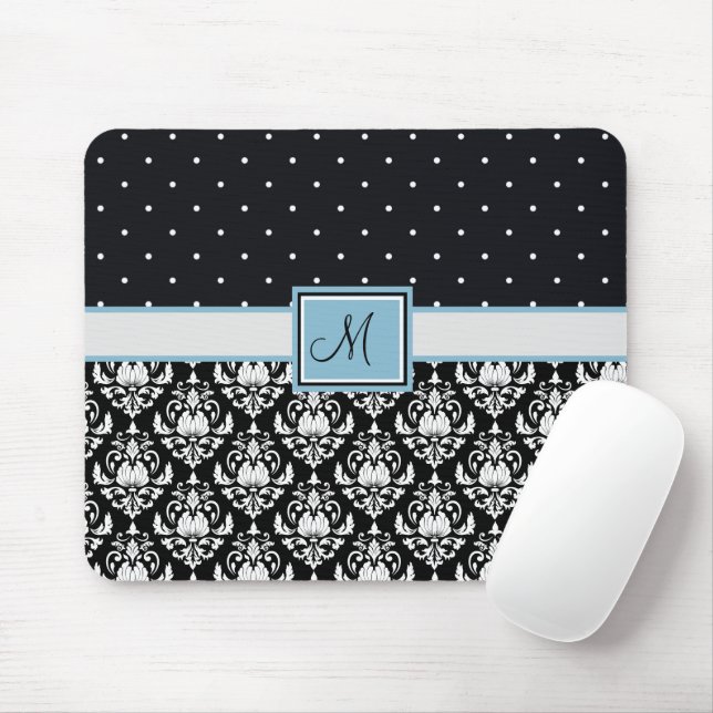 Black and White Damask and Polka Dots Monogrammed Mouse Pad (With Mouse)