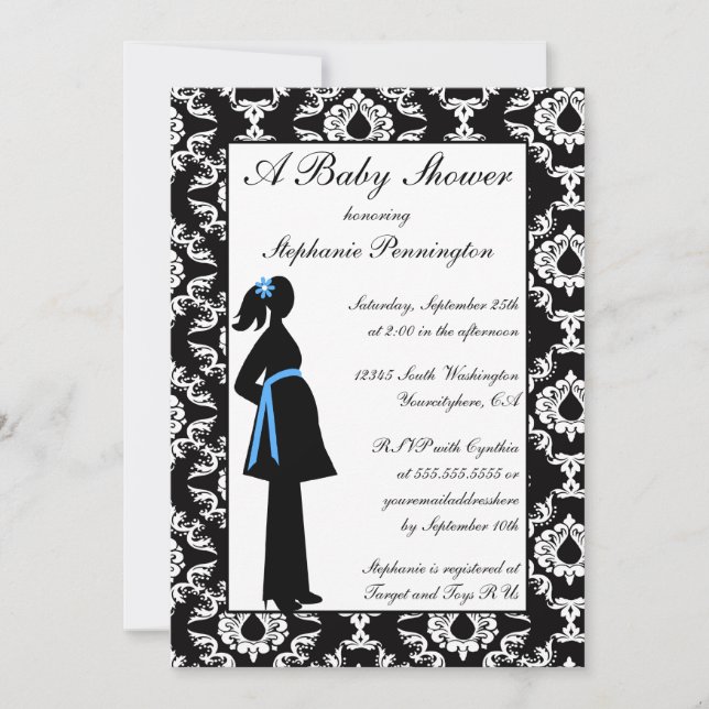 Black and white damask baby boy shower invitation (Front)