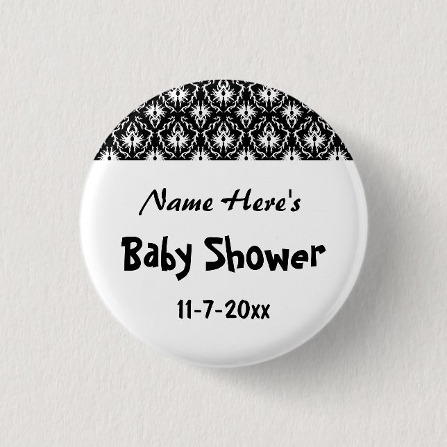Black and White Damask Baby Shower Pinback Button (Front)