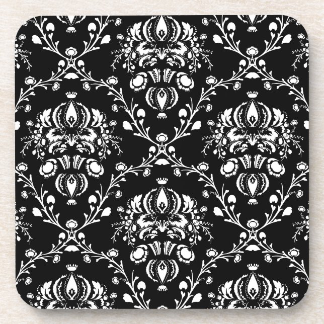 Black and White Damask Beverage Coaster (Front)