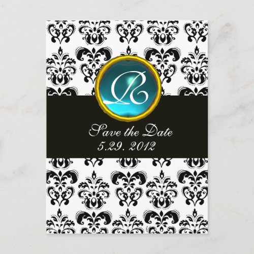 BLACK AND WHITE DAMASK Blue Aquamarine Monogram Announcement Postcard