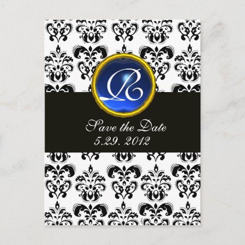 BLACK AND WHITE DAMASK BLUE SAPPHIRE MONOGRAM ANNOUNCEMENT POSTCARD