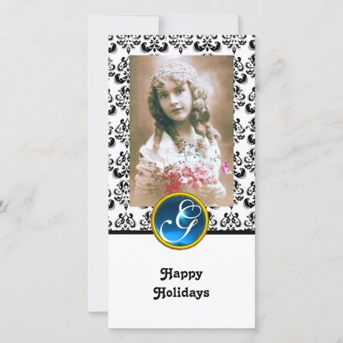 BLACK AND WHITE DAMASK Blue Sapphire Monogram Holiday Card