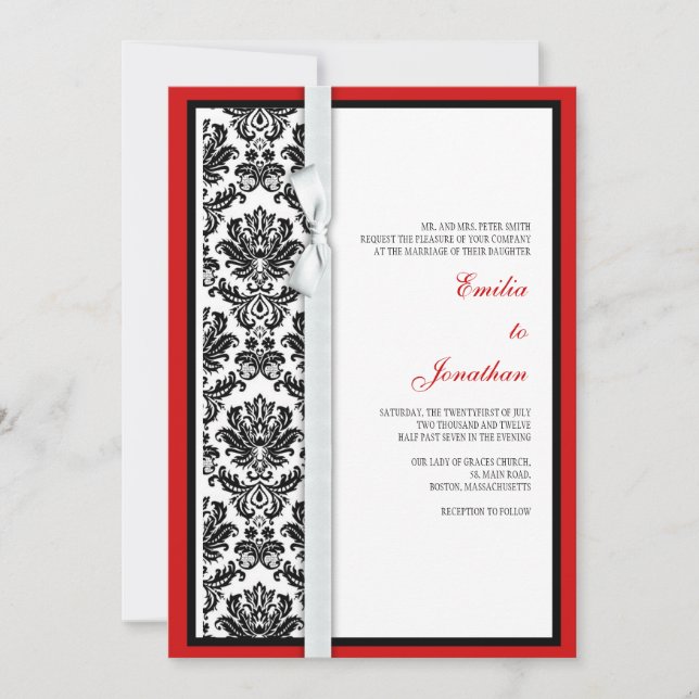 Black and White Damask Bow Wedding Invitation (Front)