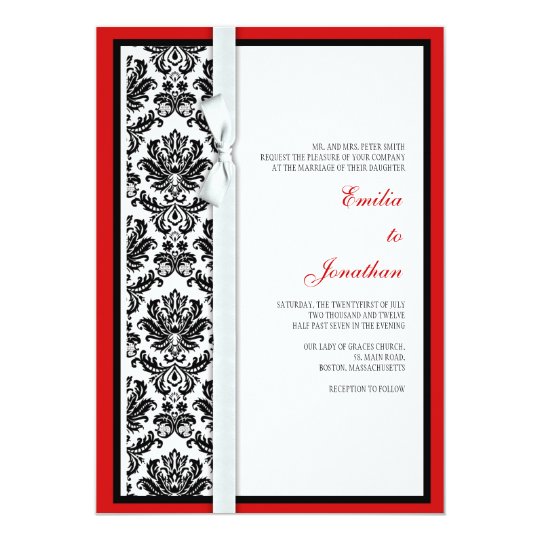 Black and White Damask Bow Wedding Invitation
