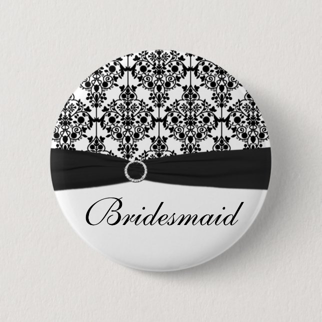 Black and White Damask Bridesmaid Pin (Front)