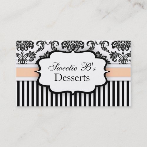 Black and White Damask Business Card with Peach