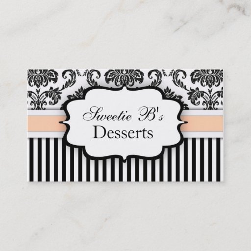 Customizable Black and White Damask Business Card with Peach