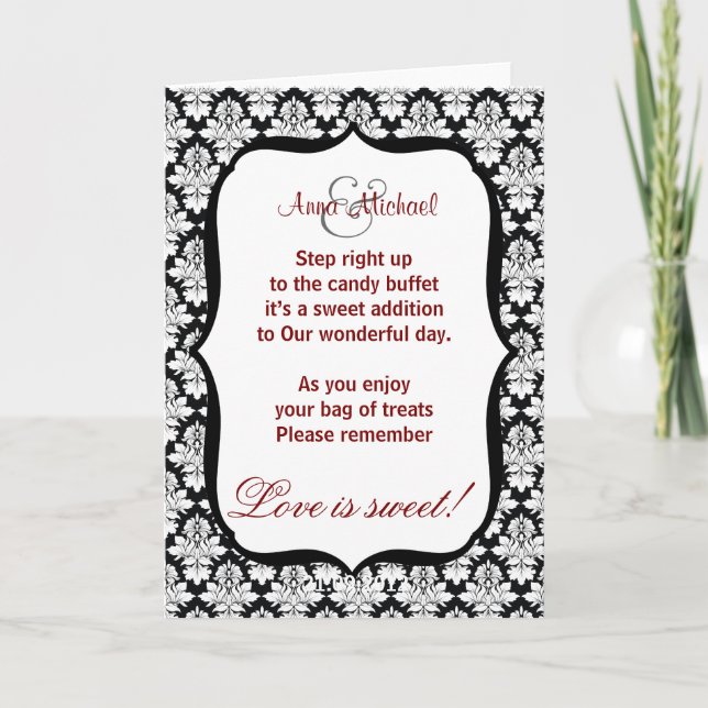 Black and White damask Candy Buffet Poem Card (Front)