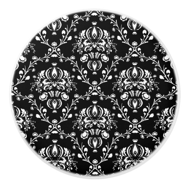 Black and White Damask Ceramic Knob (Front)