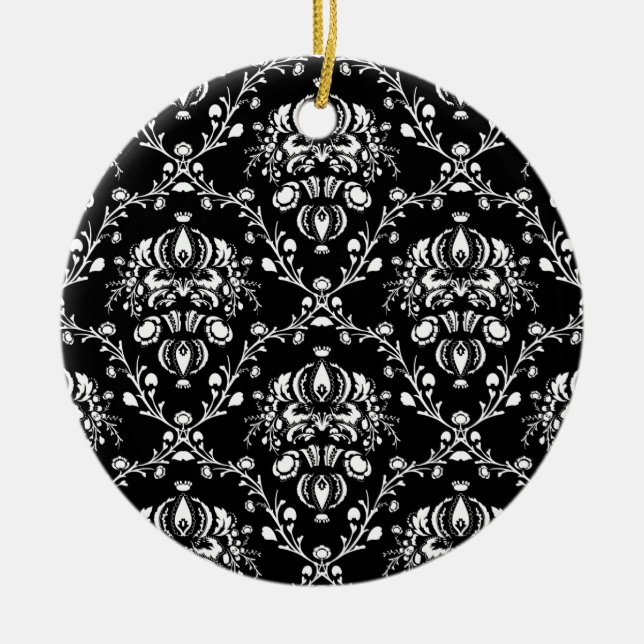 Black and White Damask Ceramic Ornament (Front)