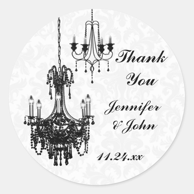 Black and White Damask Chandeliers Wedding Favor Classic Round Sticker (Front)