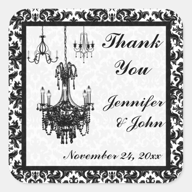 Black and White Damask Chandeliers Wedding Favor Square Sticker (Front)